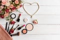 Valentine Gift. Makeup cosmetics tools background and beauty cosmetics, products and facial cosmetics Royalty Free Stock Photo