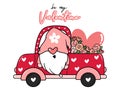 Valentine Gnome in Flower and heart red truck car, Be my Valentine, cute cartoon flat vector clip art idea for Valentine card,