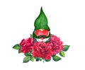 Valentine gnome with heart in red roses. Watercolor flowers bouquet with love symbol. Wedding, save date design Royalty Free Stock Photo