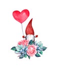 Valentine gnome with heart shape balloon in bouquet with pink rose flowers, succulent plants and leaves. Watercolor