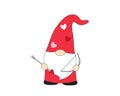 Valentine gnome in red costume holds a bow and an arrow in his hands