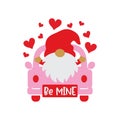 Valentine Gnome on a Truck with Hearts Vector Illustration