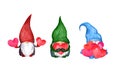 Valentine gnomes with hearts in hands. Watercolor set - scandinavian magic dwarfs with love symbols