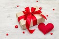 Valentine greeting card background with gift boxes, red ribbons and assorted hearts Royalty Free Stock Photo
