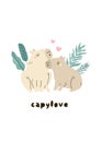 Valentine greeting card with cute capybaras in love