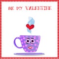 Valentine greeting card with cute cartoon lilac cup