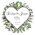 Valentine greeting card, invite card. Vector watercolor style herbs, eucalyptus, forest fern, brunia, waxflower. Natural,