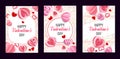 Valentine greeting card. Romantic posters with paper cut hearts and golden confetti. Traditional February holiday