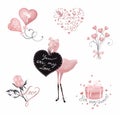 Valentine hand drawn vintage floral love set. Watercolor fashion clip art. Stickers collection