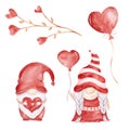 Valentine hand painted watercolor clipart set. Red gnomes, love balloon and branch flowers illustration.