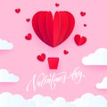 Valentine heart air ballon for Valentine`s day holiday card. Hot red air baloon paper art greeting card with white cloud pattern Royalty Free Stock Photo