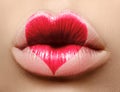 Valentine Heart on beautiful female Lips. Sweet Kiss. Love Makeup for Valntines Day. Cute Shape Heart. Love Symbol