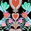 Valentine heart botanical seamless pattern inspired by traditional folk art embroidery designs textile or farbic print ornament