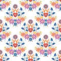 Valentine heart botanical seamless pattern inspired by traditional folk art embroidery designs textile or farbic print ornament