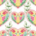 Valentine heart botanical seamless pattern inspired by traditional folk art embroidery designs textile or farbic print ornament