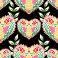 Valentine heart botanical seamless pattern inspired by traditional folk art embroidery designs textile or farbic print ornament