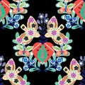 Valentine heart botanical seamless pattern inspired by traditional folk art embroidery designs textile or farbic print ornament