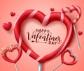 Valentine heart candies vector concept. Happy valentines day greeting text in valentines hearts shape candy lollipop.