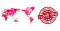 Valentine Heart Collage Global World Map with Scratched Stamp Seal