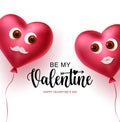 Valentine heart couple balloons vector concept design. Happy valentines text with 3d realistic lover heart balloons