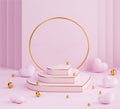 Valentine heart podium with golden pearls and gold frame. Love 3d render illustration with beauty product placement stage on Royalty Free Stock Photo