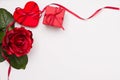 Valentine Heart Shape, Gift Box and red Rose with red Satin Ribbon isolated on a white background Royalty Free Stock Photo