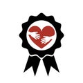 Valentine heart symbol with caring hands hugging the heart in badge with ribbons icon. Flat style design