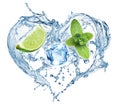 Valentine Heart from water splash, mint, ice and lime Royalty Free Stock Photo