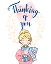 Valentine holiday card with the cute dreaming girl in sweater an