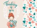 Valentine holiday card with the cute dreaming girl in sweater an