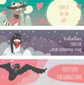 Valentine horizontal banners set with fun animals with hearts and motivating quotes in text holders, smiling, cute, with closed