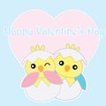 Valentine illustration with cute blue and pink chicks on blue background