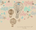 Valentine illustration, hot Air Balloon in sky, hand drawn Background for Design