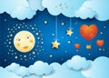 Valentine illustration with surreal night, full moon and hot air