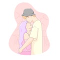 Valentine illustration, Young couple hugging each other and the men kisses womens forehead.