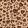 Valentine Leopard or jaguar seamless pattern. Trendy animal print. Spotted hearts imitate cheetah fur. Vector background for