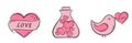 valentine line icons. love potion, bird with love message and heart with ribbon. valentine, love and romantic symbols