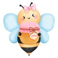 Valentine little bee with honey jar clipart, Watercolor illustration with cute honeybee and valentines sweet