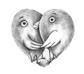 Valentine love birds pencil drawing, illustration on white background