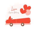 Valentine love delivery car. Cute Kawaii vehicle in love Theme with balloons in Flat Design