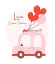 Valentine love delivery car. Cute Kawaii vehicle in love Theme with balloons heart in Flat Design