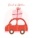 Valentine love delivery car. Cute Kawaii vehicle in love Theme with parcel box in Flat Design