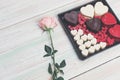 Valentine love heart gift box chocolate rose wood Royalty Free Stock Photo