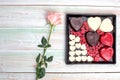 Valentine love heart gift box chocolate rose wood Royalty Free Stock Photo