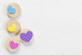 Valentine, love and wedding background concept. Colorful heart on white wood table. Picture for add text message. Backdrop for Royalty Free Stock Photo