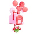 valentine mailbox with Heart Balloon Bouquet on a transparent background, 3D rendering