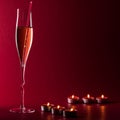 Valentine mood with a glass of champage, candles and a drinking straw on a red background.