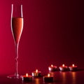 Valentine mood with a glass of champage and candles on a red background with flame and fire.