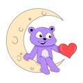Valentine night bear sitting on the crescent moon, doodle icon image kawaii
