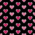 Valentine outline hearts geometric lines repeat seamless pattern design with black background.